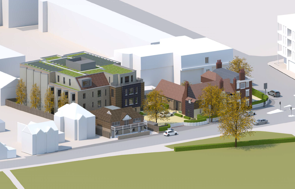 Ontwerpbeeld van de ontwikkeling met het historische Burn Bullock en nieuwe bouwvolumes